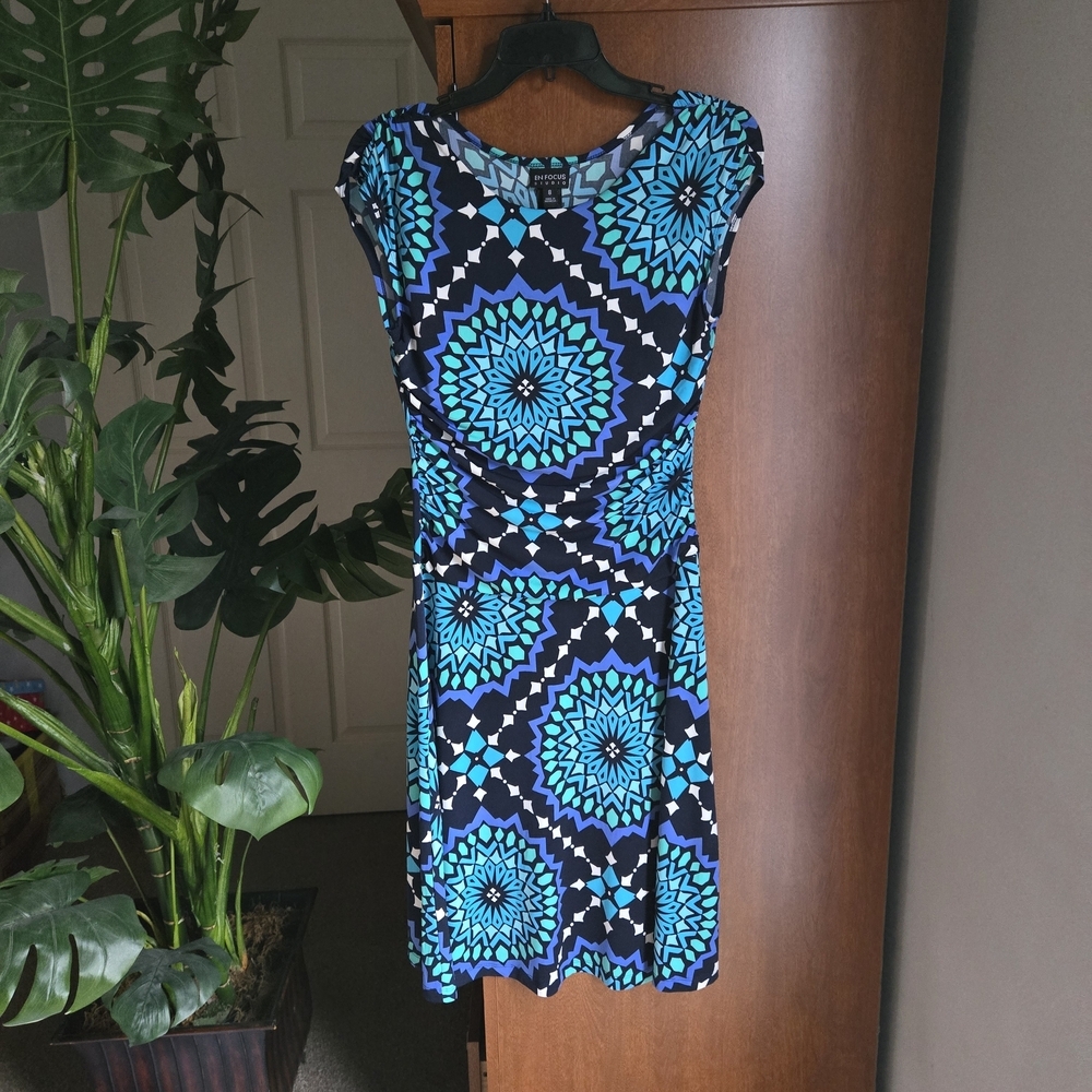 Enfocus Studio Blue and Teal Geometric Midi Dress